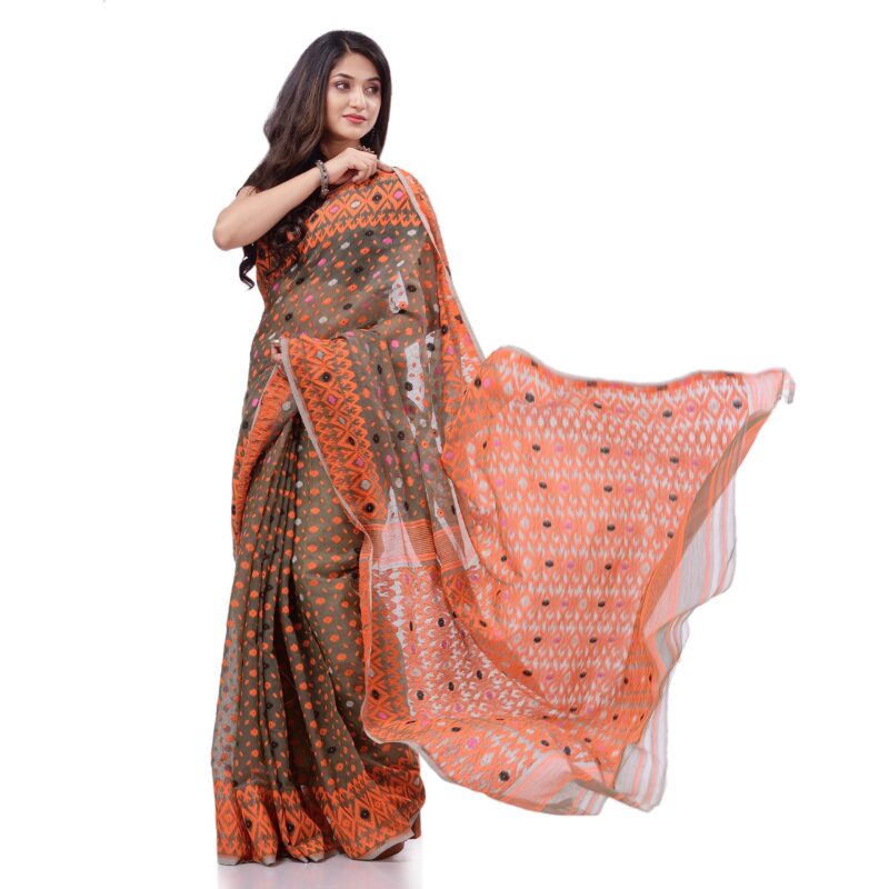 dB DESH BIDESH Women`s Jamdani Sarees For Women Cotton Silk saree Hirokduti Design Cotton Sarees Dhakai Jamdani Sarees For Women Handloom Sarees Without Blouse Piece (Grey Orange) - Image 2