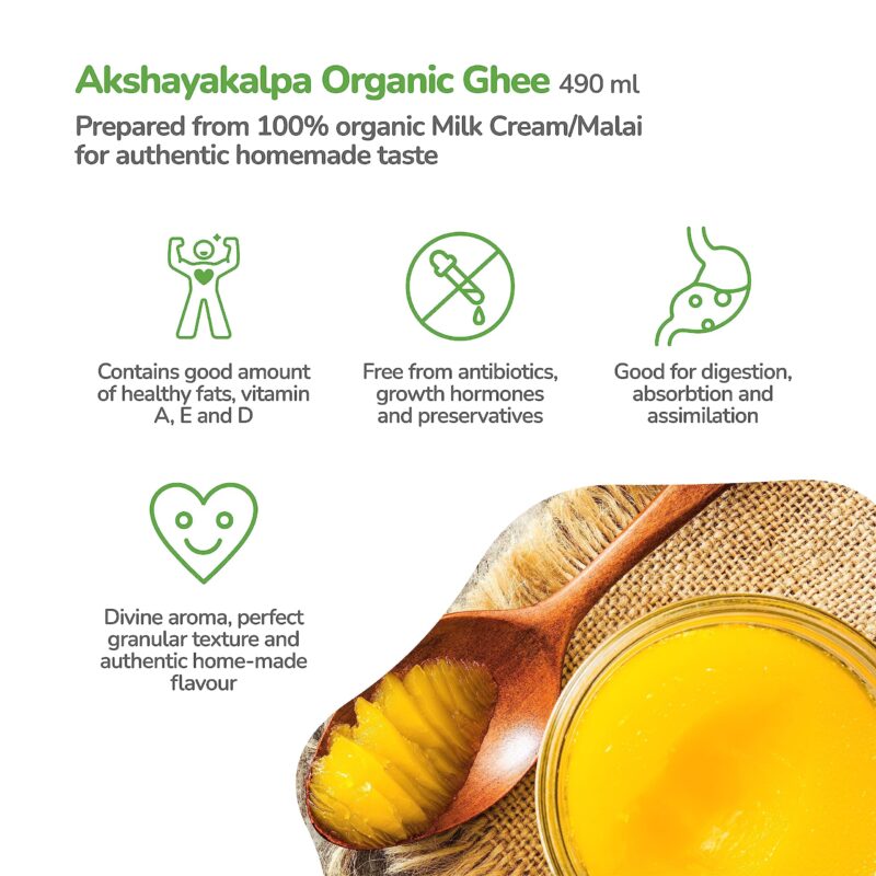 Akshayakalpa Organic Cow Ghee – 490 ml - Pure organic ghee, traditionally-churned, chemical-free, granular ghee, nutritious by nature - Image 2