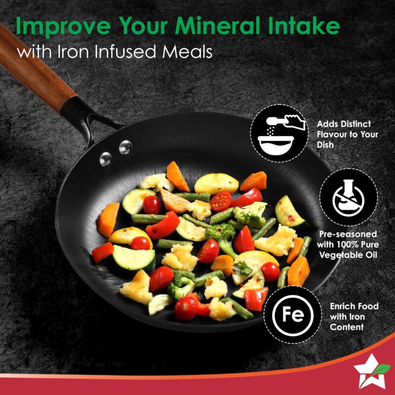 Wonderchef Pre-Seasoned Ferro Light 24cm Cast Iron Fry Pan | 1.4L | Acacia Wooden Handles | Gravity Moulding Technology | No Chemical Coating |10 Year Warranty - Image 4