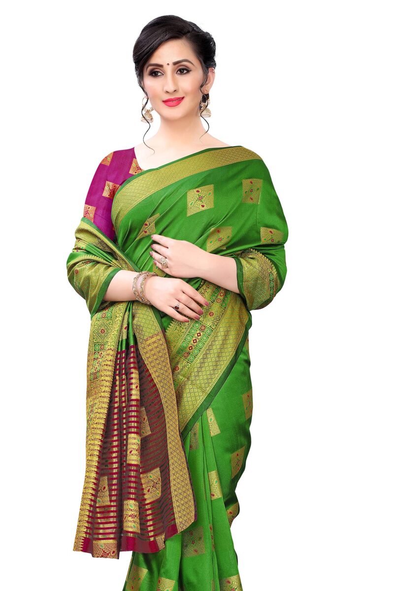 KILI FASHION Women's Striped Pallu Geometric Banarasi Cotton Silk Saree with Blouse Piece (Green, Free Size) - Image 3