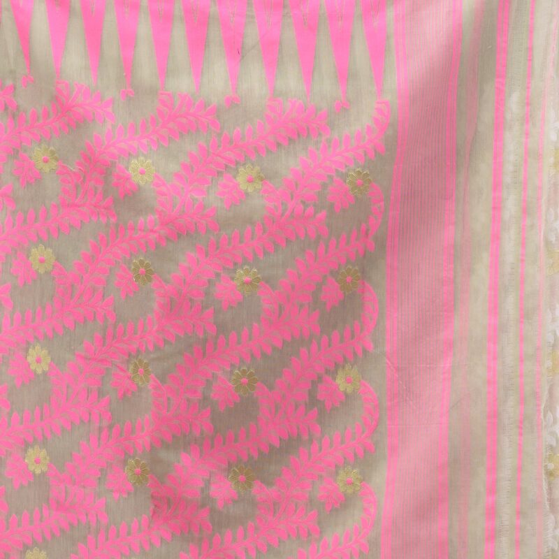 dB DESH BIDESH Women`s Tamarind Leaf Resham Dhakai Jamdani Pure Cotton Handloom Saree Whole Body Design without Blouse Piece (Pink Off White) - Image 3