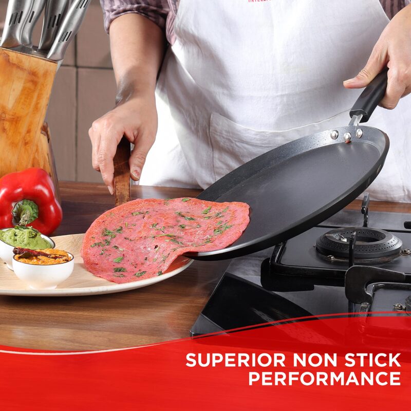 Vinod Hanos Non-Stick Dosa Tawa 30 cm Diameter, Hard Anodised Non-Stick Coating with Bakelite Riveted Handle - 5.25 mm Thickness, Black (Induction and Gas Stove Friendly) - Image 10