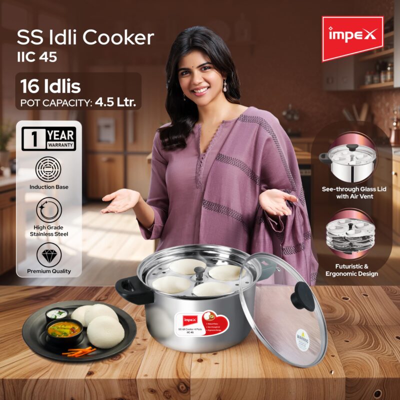 Impex Stainless Steel Idli Cooker With Glass Lid | Induction and Gas Stove Competable Idli Maker | 4.5L Idly Cooker with 4 Plates | 1 year Warranty - Image 7