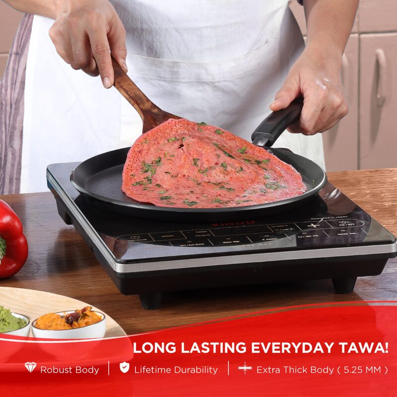 Vinod Hanos Non-Stick Dosa Tawa 30 cm Diameter, Hard Anodised Non-Stick Coating with Bakelite Riveted Handle - 5.25 mm Thickness, Black (Induction and Gas Stove Friendly) - Image 8