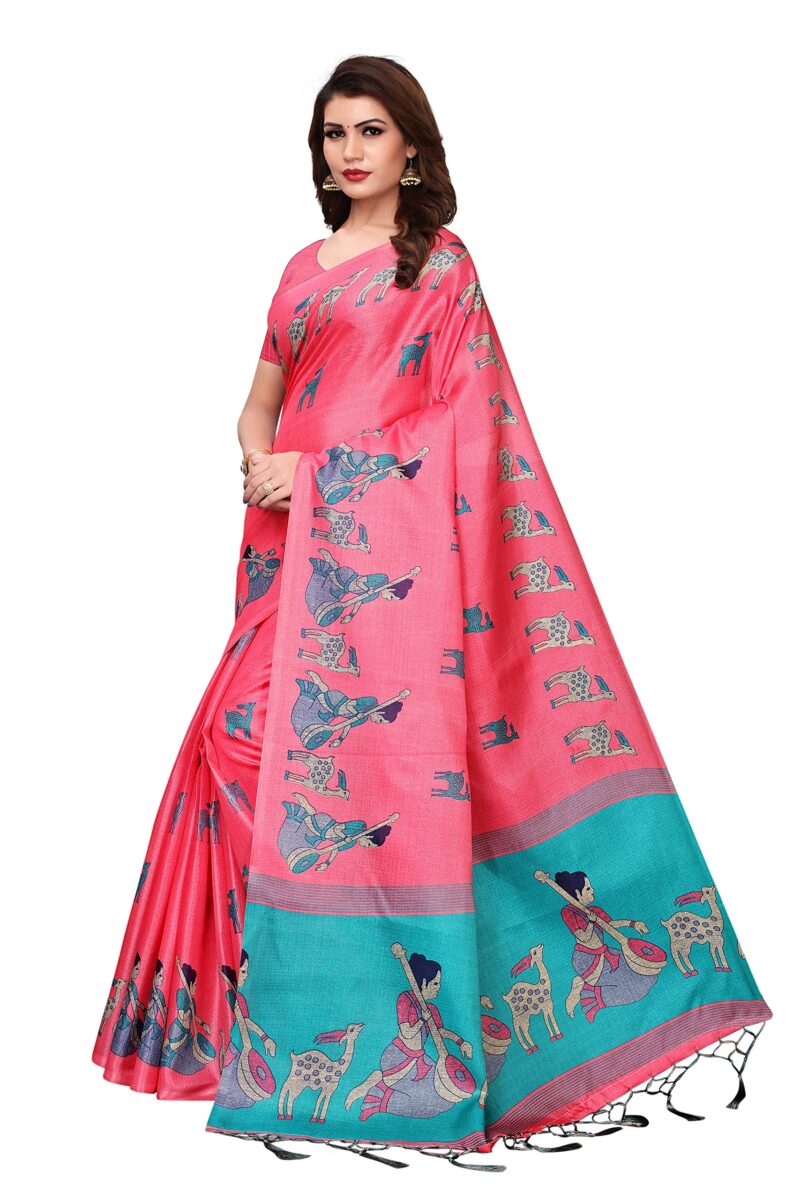 GoSriKi Women's Pink Color Mysore Art Silk Printed Saree Border Tassels With Blouse Piece(MAITHALI PINK_Free Size) - Image 5
