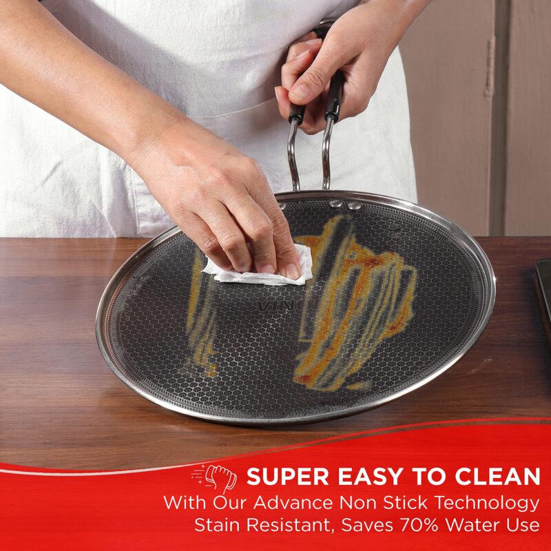 Vinod SAS Pro Platinum Triply Stainless Steel Dosa Tawa - 28 cm | 4.0 mm Thick | Hexa Design | Metal Spoon Friendly | Riveted Handle | Gas, Induction Base | 5-Year Warranty - Image 2
