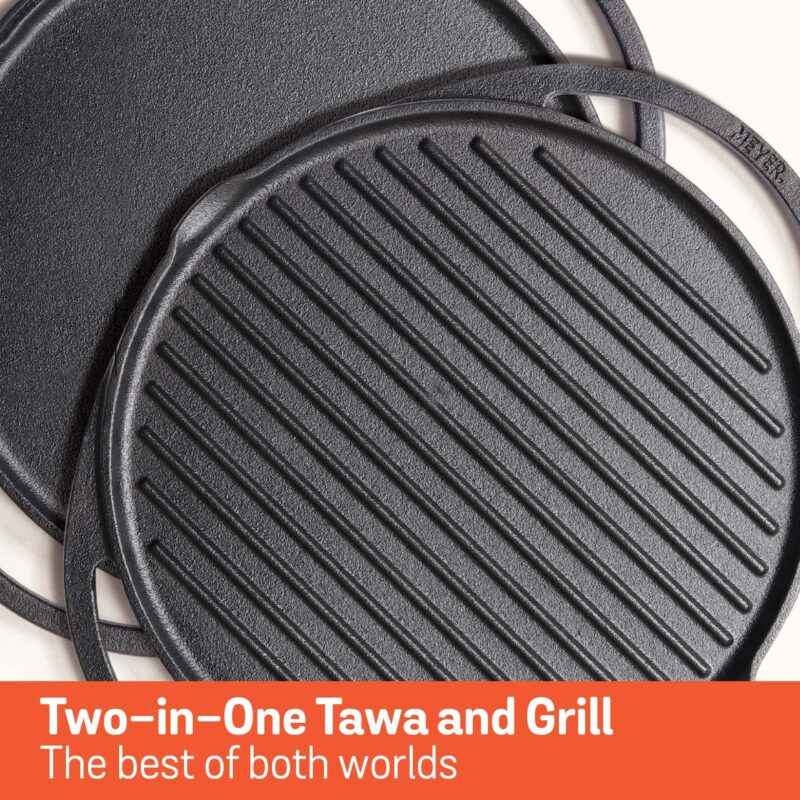 Meyer Pre-Seasoned Cast Iron 2 in 1 Grill and Griddle Pan | Cast Iron Tawa for Dosa | Iron Cookware for Kitchen | Roti Tawa Cast Iron | Cast Iron Grill Pan | Iron Tava Big Size, 30cm, Black - Image 3