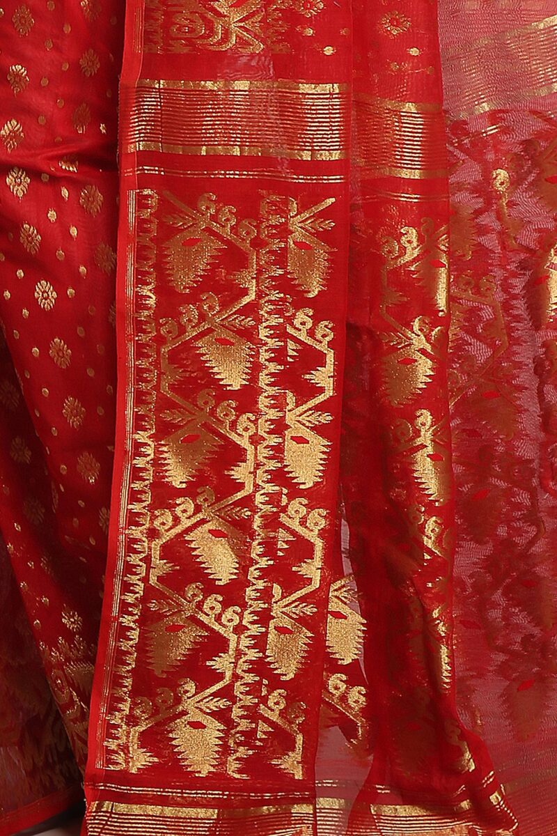 WoodenTant women’s cotton silk golden zari dhakai jamdani saree without blouse piece_(Red) - Image 4