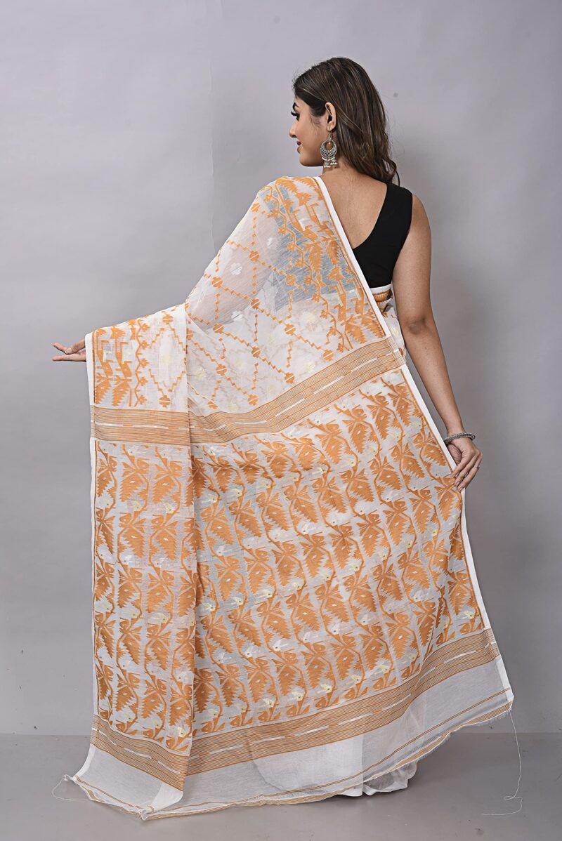 OISHANI SAREE GHOR Women's Traditional Bengal Cotton Silk Soft Jamdani Sarees (White Brown) - Image 5