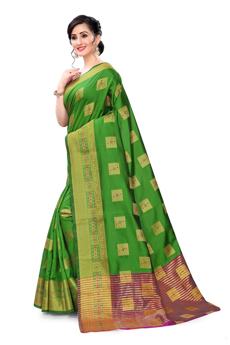 KILI FASHION Women's Striped Pallu Geometric Banarasi Cotton Silk Saree with Blouse Piece (Green, Free Size) - Image 6