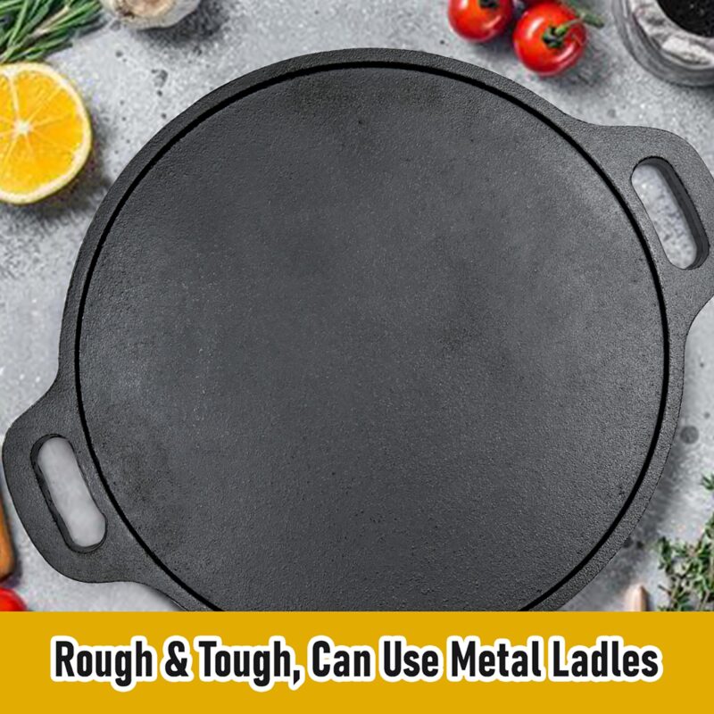 KNOBON Pre-Seasoned Cast Iron Flat Dosa/Roti/Chapati Tawa Pan With 2 Side Handle, Dosa Kallu, Iron Tawa Big Size Non-Toxic Cookware Utensi| Gas And Induction Compatible | 30 Cm (Black) - Image 9
