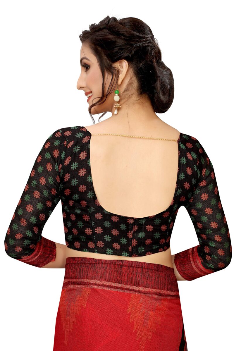 RAJESHWAR FASHION WITH RF Women's Soft Jute Printed Fancy Sarees For Women With Zari Border & Blouse(Red-Black_Free Size 6.30 Mtr) - Image 2
