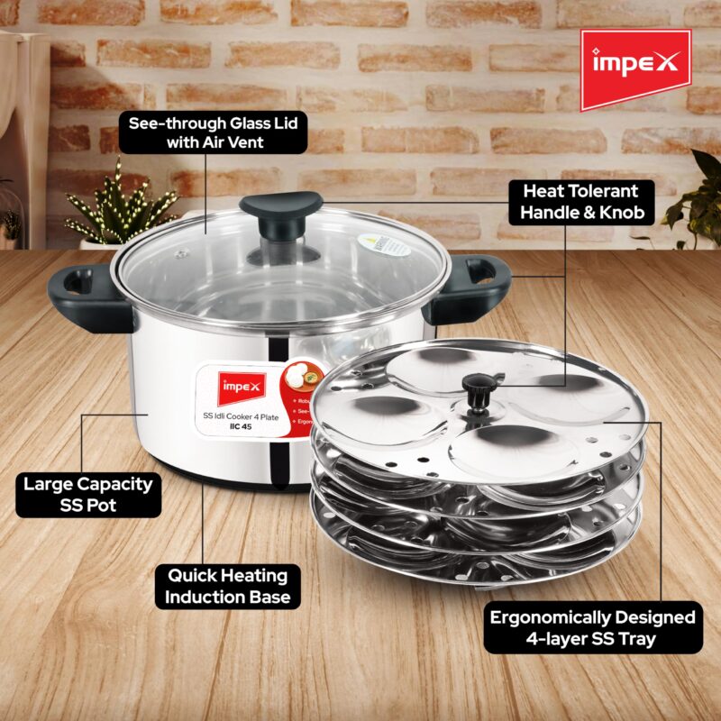 Impex Stainless Steel Idli Cooker With Glass Lid | Induction and Gas Stove Competable Idli Maker | 4.5L Idly Cooker with 4 Plates | 1 year Warranty - Image 9