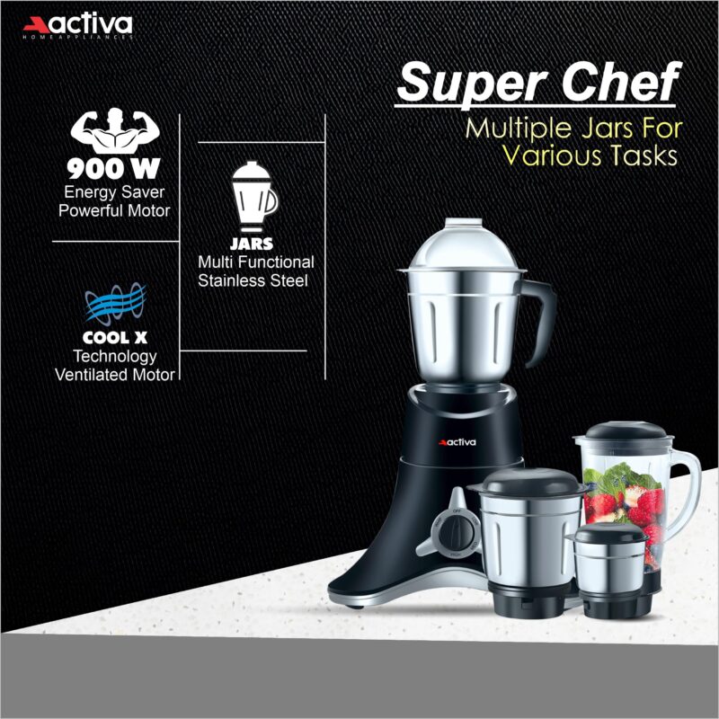 ACTIVA ABS Super Chef 900 Watts Powerful Motor Mixer Grinder With 4 Jars | 2 Years Motor, Black - Image 7