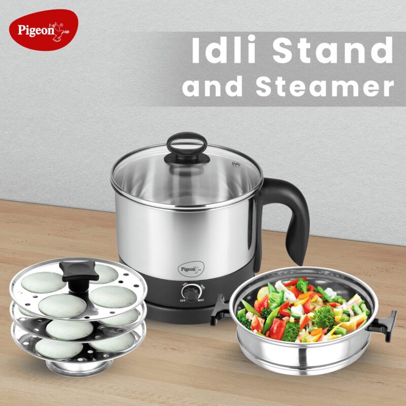 Pigeon by Stovekraft 1.5 Liters Multipurpose Kessel 3 in 1 Value Pack, Multi Cooker, Idli Stand with 3 Plates, Steamer With Stainless Steel Stand (Black & silver) - Image 4