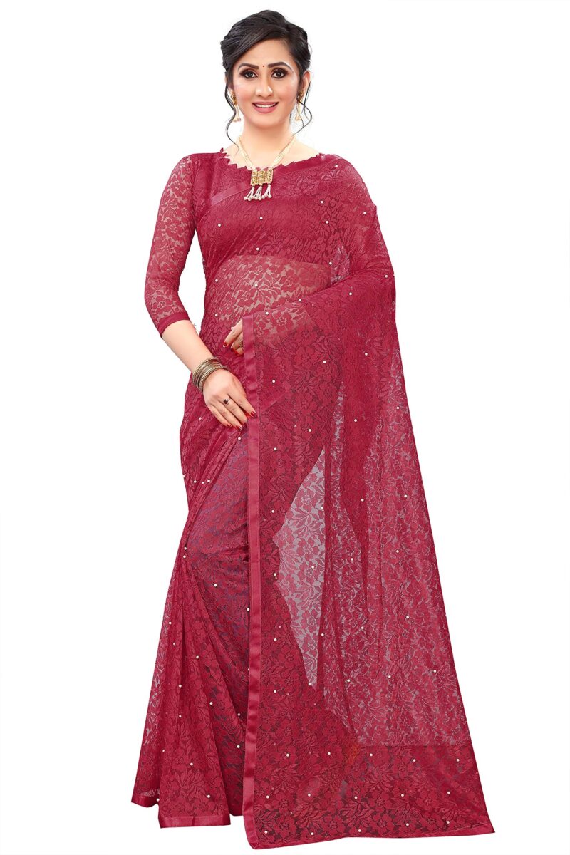 LOROFY Women's Net Saree (With Blouse_Free Size) (Maroon)