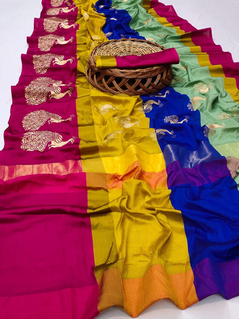 DHRUVI TRENDZ Women Silk Cotton Saree(DT-S166_Pista Green & Pink_Free Size) - Image 2