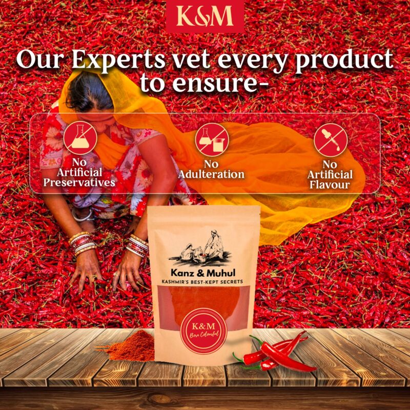 Kanz & Muhul Kashmiri Red Chilli Powder 450 Grams | Kashmiri Lal Mirch Powder | Mild Spicy, Authentic, Bright Red Colour | Organic Kashmiri Mirch | With No Added Preservatives | 450 Grams - Image 3