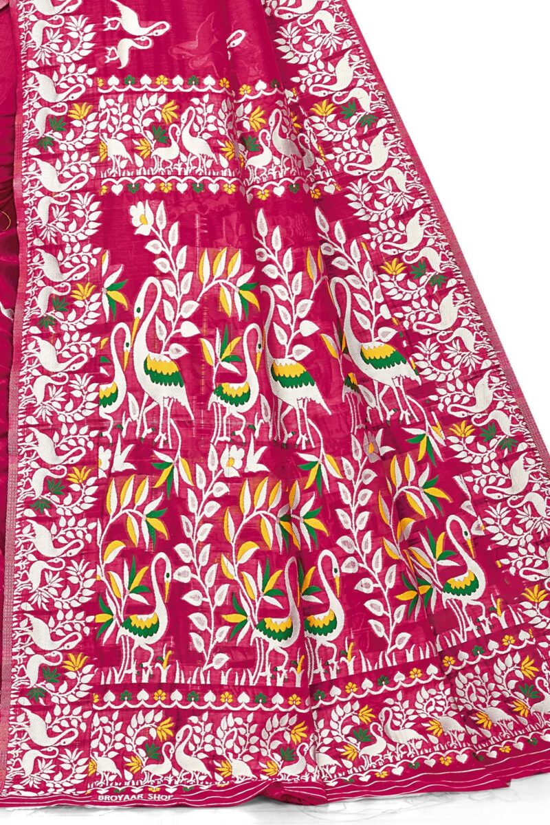 BROYAAR SHOP Jamdani Designer Cotton Blend Silk Saree for Women Without Blouse (Rani) - Image 2