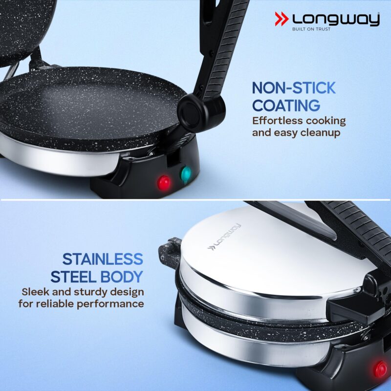 Longway Automatic Electric Roti Maker | Non-Stick Stainless Steel Press for Roti, Chapati & Parathas Multipurpose | 1 Year Warranty (1000 W, Silver) - Image 6