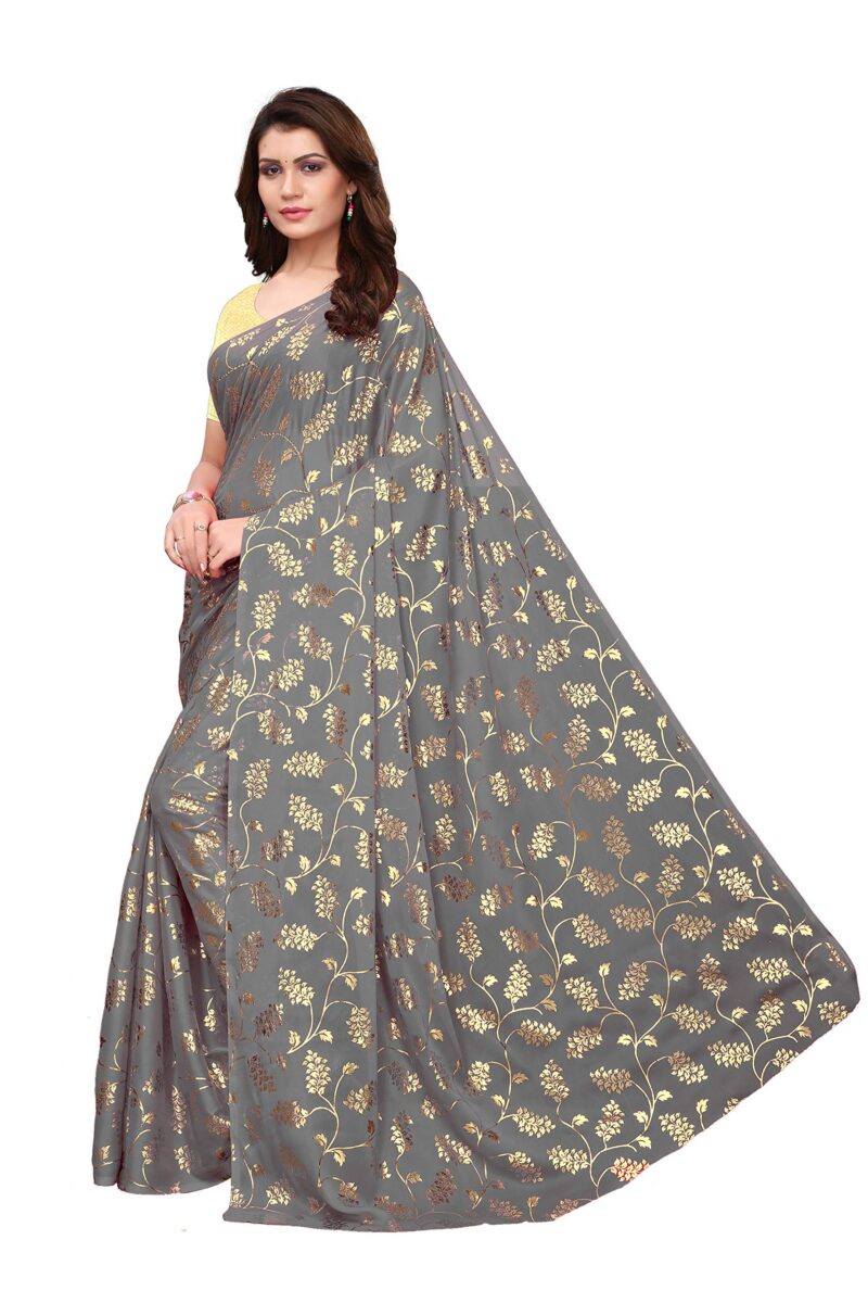 Yashika Silk with Blouse Piece Saree (FOIL Floral Black_Grey_Free Size) - Image 5
