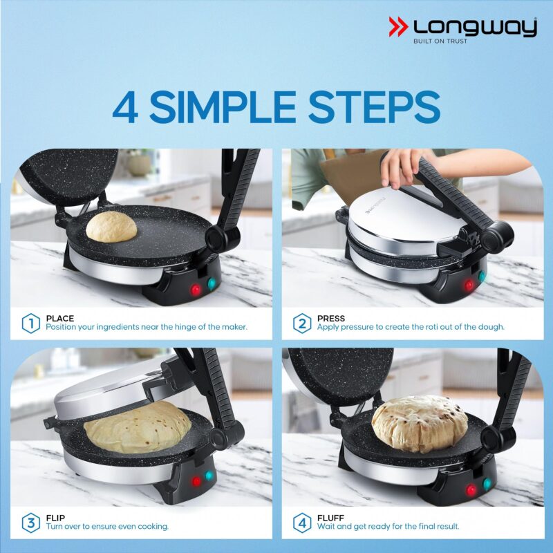 Longway Automatic Electric Roti Maker | Non-Stick Stainless Steel Press for Roti, Chapati & Parathas Multipurpose | 1 Year Warranty (1000 W, Silver) - Image 4