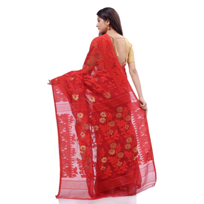 dB DESH BIDESH Women`s Rangabati Resham Dhakai Jamdani Bengal Pure Cotton Handloom Saree without Blouse Piece (Red) - Image 6