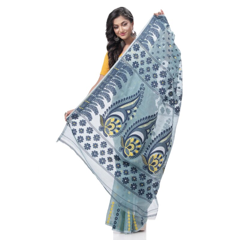 dB DESH BIDESH Women`s Resham Dhakai Jamdani Pure Cotton Handloom Saree Lojjaboti Design without Blouse Piece (Firoza Blue) - Image 2