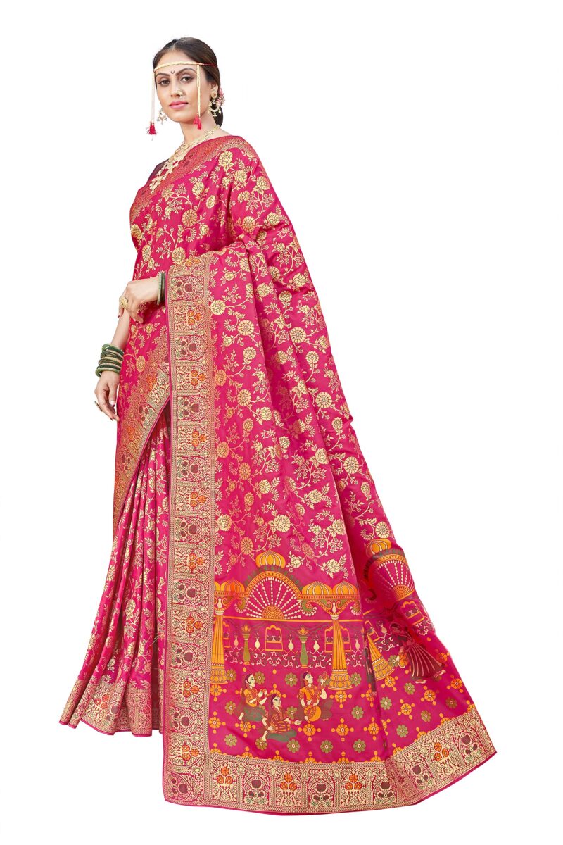 Monjolika Fashion Women's Banarasi Silk Saree With Blouse Piece. (Rani Pink-3804) - Image 6