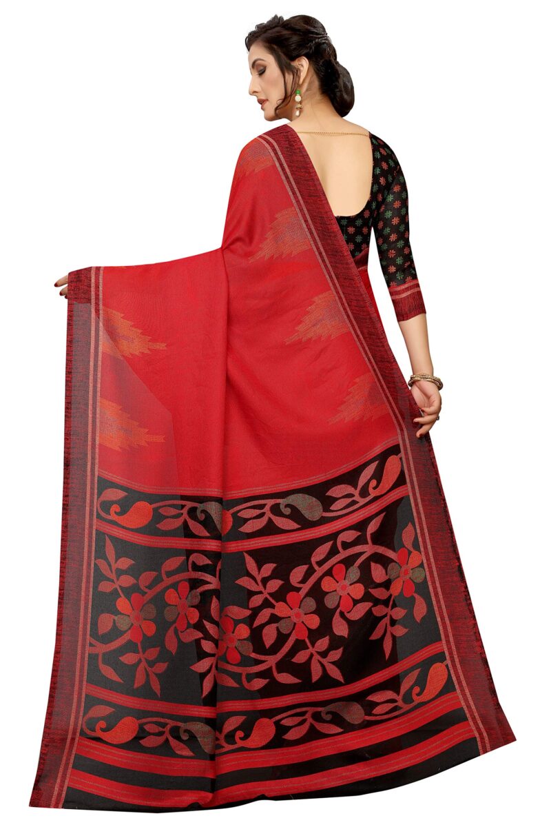 RAJESHWAR FASHION WITH RF Women's Soft Jute Printed Fancy Sarees For Women With Zari Border & Blouse(Red-Black_Free Size 6.30 Mtr) - Image 5