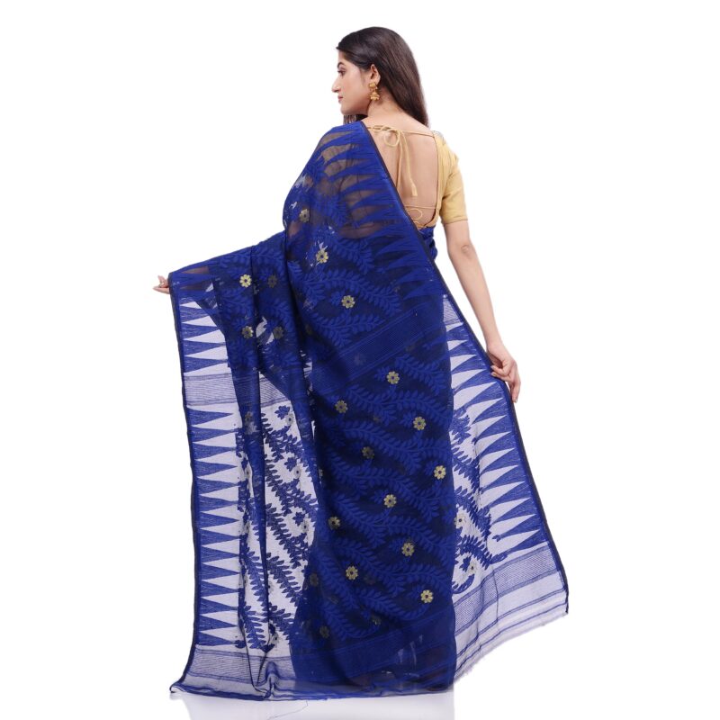 dB DESH BIDESH Women`s Tamarind Leaf Resham Dhakai Jamdani Pure Cotton Handloom Saree without Blouse Piece (Deep Blue) - Image 6