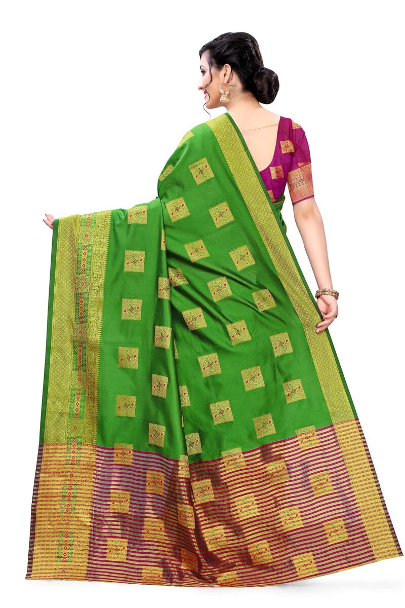KILI FASHION Women's Striped Pallu Geometric Banarasi Cotton Silk Saree with Blouse Piece (Green, Free Size) - Image 4