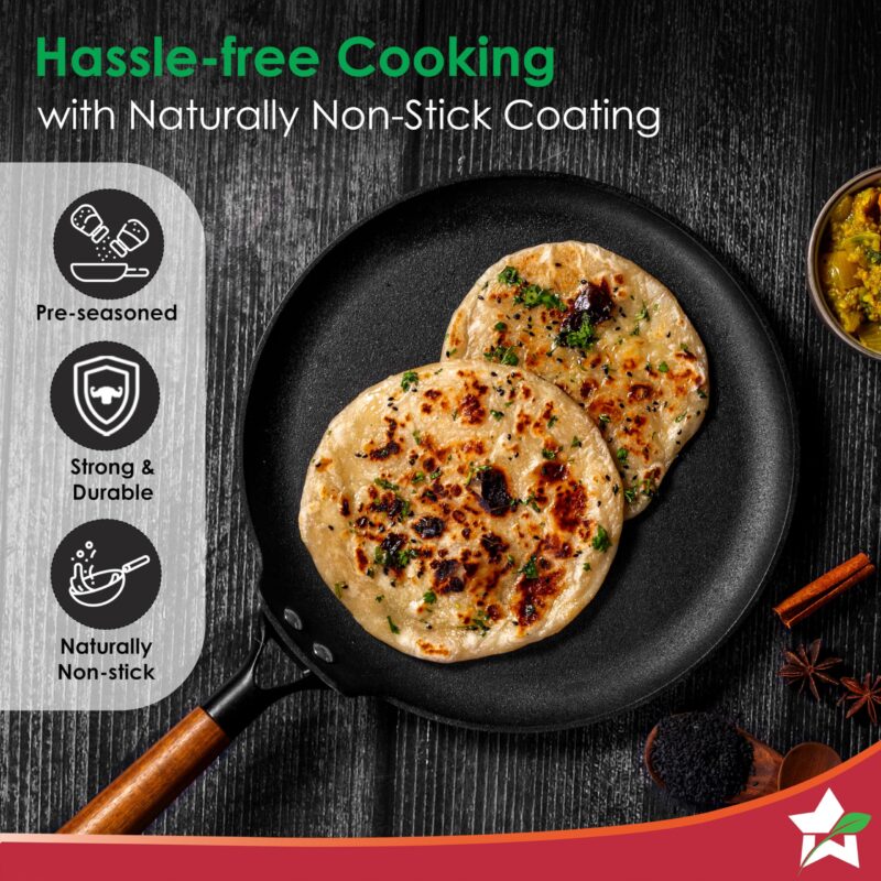 Wonderchef Pre-Seasoned Ferro Light 28cm Dosa Tawa | 4MM | Acacia Wooden Handles | Gravity Moulding Technology | No Chemical Coating |10 Year Warranty - Image 5