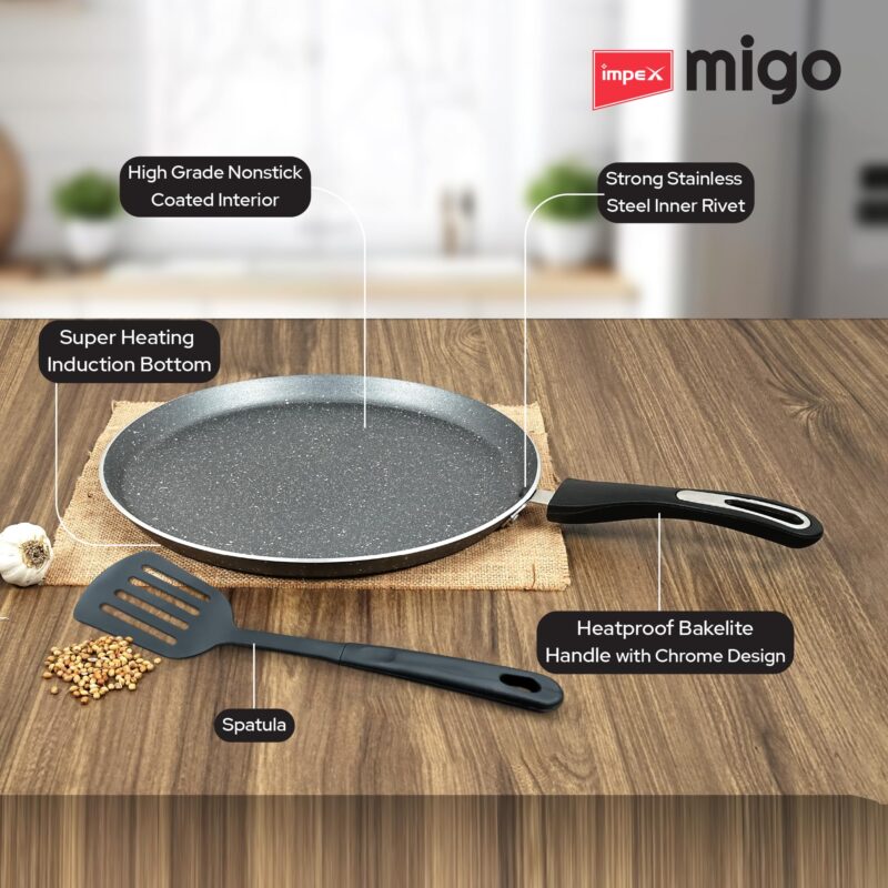 Impex Non Stick Tawa Pan with Spatula 30 cm Induction Base Tawa Pan Granite Finish Tawa Pan | Multi-Purpose Aluminium Tawa | Induction and Gas Stove Compatible Dosa Tawa - Image 6