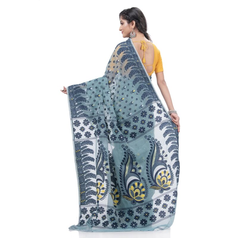 dB DESH BIDESH Women`s Resham Dhakai Jamdani Pure Cotton Handloom Saree Lojjaboti Design without Blouse Piece (Firoza Blue) - Image 6