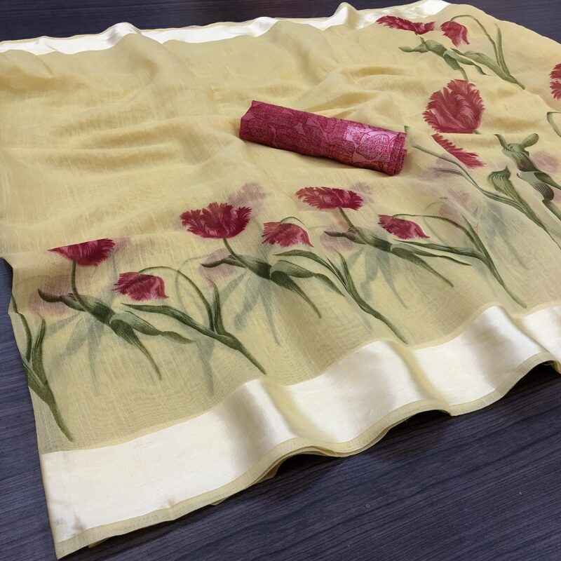 Priyashi Womens Printed Linen Saree with Blouse Piece(VANI Yellow_Free Size) 1 - Image 2