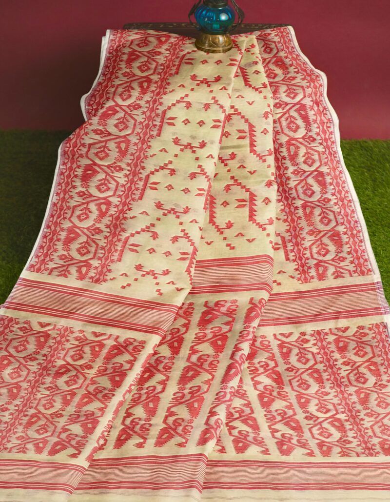 Mayabi Women's Off White & Red Dhakai Jamdani Cotton Silk Saree Traditional Bengali Tant Korat Work, Without Blouse Piece, Starched Texture - Image 2