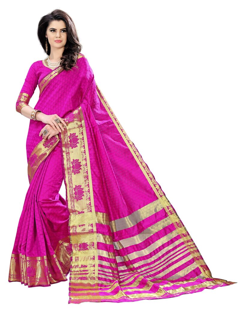 ANNI DESIGNER Art Décor Women's Self Jacquard Cotton Silk Lotus Pink Color Saree With Blouse_Free Size