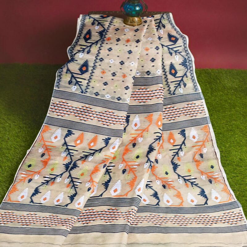 Mayabi Women's Dhakai Jamdani Cotton Silk Saree Traditional Bengali Tant Korat Work, Without Blouse Piece (Creamy White) - Image 2