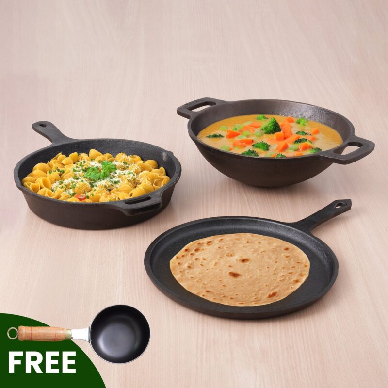 CASTrong Cast Iron Cookware Set: Tawa + Fry Pan + Wok Kadai, Kitchen set for Home, Pre-seasoned,100% Pure Cast Iron Cookware,Toxin-free Pots and Pans, Free Tadka Pan - Image 9