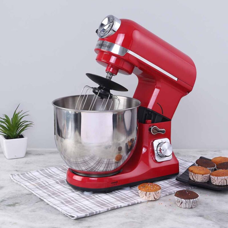 Crimson Edge Die-Cast Metal Stand Kitchen Mixer & Beater with free attachments | 5.7L SS Bowl | 1000W motor | 6 Speed Setting | Whisking Cone, Mixing Beater & Dough Hook attachments | 3 Yrs warranty | Red - Image 2