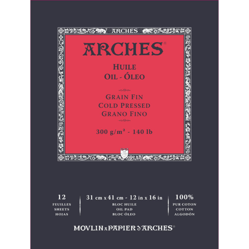 Arches Oil-Huile - 31Cm X 41Cm White Fine Grain/Cold Press 300 Gsm Paper - Short Side Glued Pad Of 12 Sheets