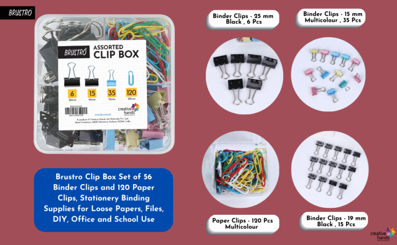 BRUSTRO Assorted Clip Box | Includes 120 Paper Clips-28mm & 56 Binder Clips (25mm- 6 pcs| 19mm- 15 pcs| 15mm- 35pcs) | Home, Office, Stationery use, Ideal for Students and Adults, Reusable, Flexible - Image 2