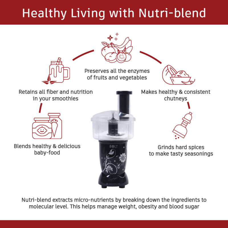Nutri-blend BOLT-600W Mixer With Food Processor & Atta Kneader, Stronger & Swifter With Sipper Lid, 22000RPM 100% Full Copper Motor, 4 Unbreakable Jars, Sharper Steel Blades, 2 Yrs Warranty, Black, Recipe Book By Chef Sanjeev Kapoor - Image 4