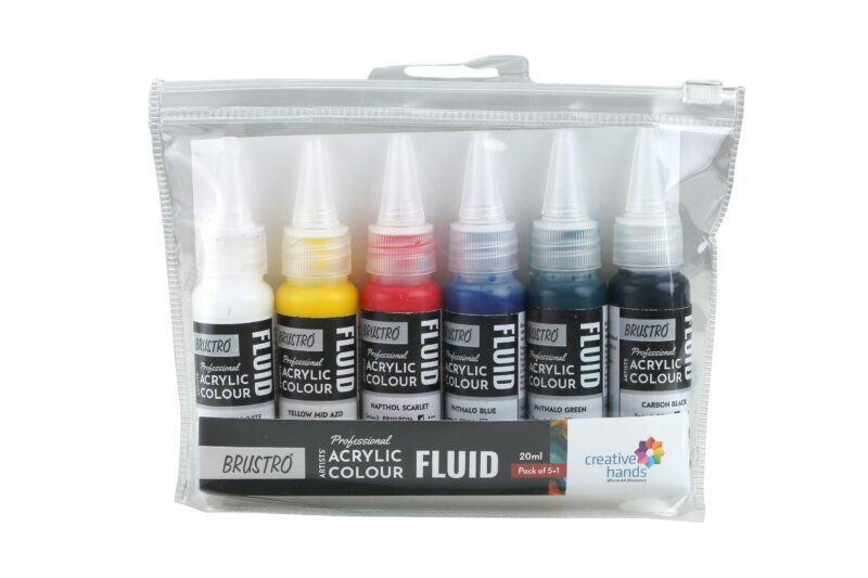 Brustro Professional Artists ’ Fluid Acrylic 20 ml Pack of 5 + 1 Free (Titanium White, Yellow Mid AZO, Napthol Scarlet, Phthalo Blue, Phthalo Green and Carbon Black) with Pouring Medium 200 ml - Image 4