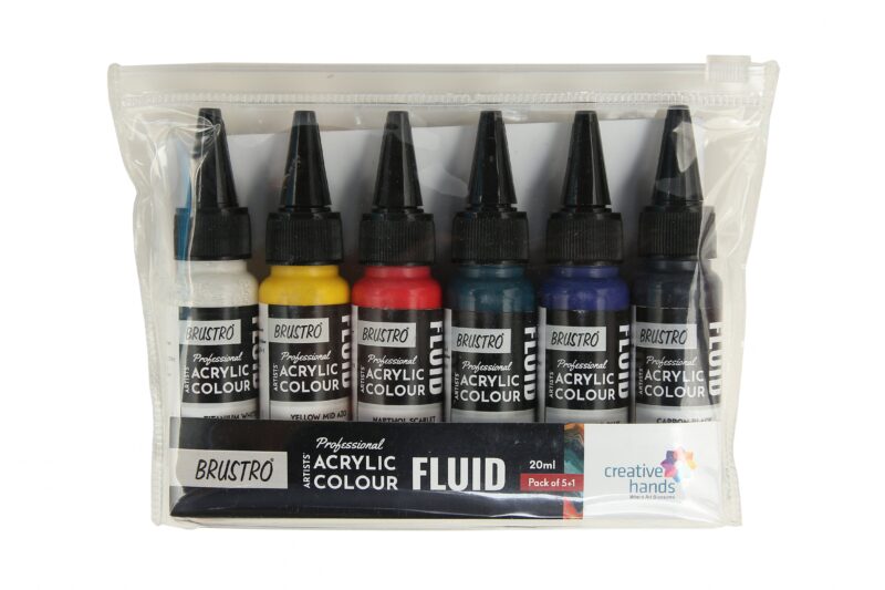 Brustro Professional Artists ’ Fluid Acrylic 20 ml Tropical Paradise Set of 6 (Yellow LightHansa,Chromium Green Oxide,Yellow Green,Brill Aliz,Napthol Crimson,Perm Orange) with Pouring Medium 200 ml - Image 3