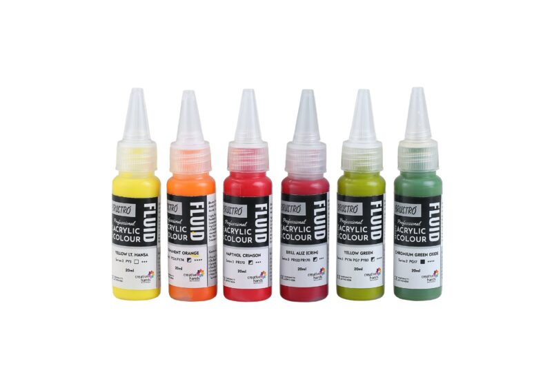 Brustro Professional Artists ’ Fluid Acrylic 20 ml Tropical Paradise Set of 6 (Yellow LightHansa,Chromium Green Oxide,Yellow Green,Brill Aliz,Napthol Crimson,Perm Orange) with Pouring Medium 200 ml - Image 4