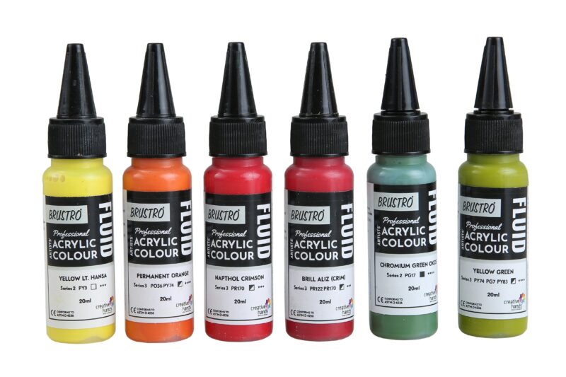 Brustro Professional Artists’ Fluid Acrylic 20 ml Tropical Paradise (Pack of 6) (Yellow Light Hansa, Chromium Green Oxide, Yellow Green, Brill Aliz, Napthol Crimson, Permanent Orange) - Image 2