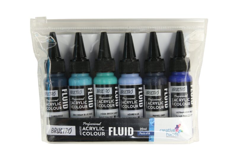 Brustro Professional Artists Fluid Acrylic 20 ml Beyond The Blues Set of 6 (Turquoise, Ultramarine Blue, Zirconian Blue Hue, Paynes Grey, Aqua Green Light, Azure Blue) with Pouring Medium 200 ml - Image 2