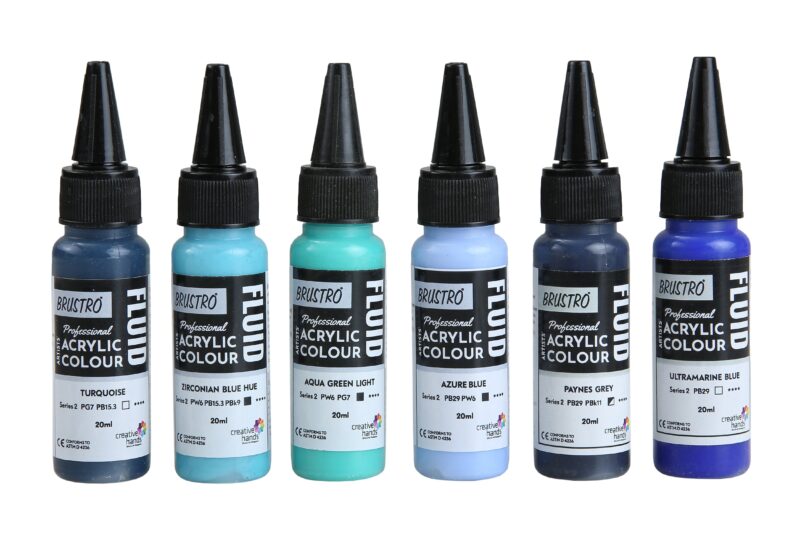 Brustro Professional Artists Fluid Acrylic 20 ml Beyond The Blues Set of 6 (Turquoise, Ultramarine Blue, Zirconian Blue Hue, Paynes Grey, Aqua Green Light, Azure Blue) with Pouring Medium 200 ml